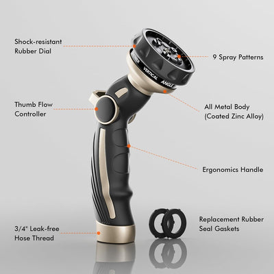 Heavy Duty Metal Hose Nozzle with 9 Spray Patterns